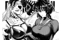 2girls big_breasts dark_hair female female_only fubuki_(one-punch_man) kaijin_hime_do-s light_hair long_hair monochrome monster monster_girl murata_yuusuke one-punch_man tongue tongue_out