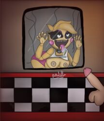 1boy 1girls ahe_gao animatronic big_ass big_balls big_breasts big_butt big_eyebrows big_eyes big_penis breasts five_nights_at_freddy's heart_eyes licking looking_at_penis penis pink_panties spitting straight teeth toy_chica_(eroticphobia) toy_chica_(fnaf) yellow_skin