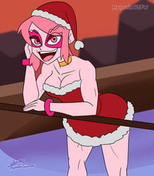 cartoon_network christmas christmas_clothing christmas_hat christmas_outfit costume female_only mapashonsfw medium_breasts miss_heed_(villainous) necklace pink_eyes pink_hair pink_skin smile thick_thighs thighs tight_clothing villainous