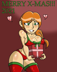 1girls alex_(minecraft) big_breasts breasts christmas christmas_clothing christmas_outfit christmas_present female female_focus female_only freckles freckles_on_breasts freckles_on_face freckles_on_shoulders gift gift_box gift_wrapped green_eyes long_hair minecraft orange_hair shiny_breasts shiny_skin shiny_thighs size11shaolins smiling smiling_at_viewer sole_female solo thick_thighs thighhighs