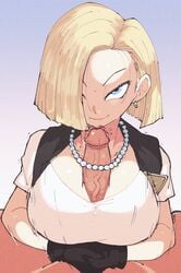 1boy 1girls android_18 big_breasts blonde_hair blue_eyes breasts clothed_female_nude_male dragon_ball dragon_ball_z eye_contact gloves hair_over_one_eye inkuusan krillin kuririn large_breasts looking_at_viewer motion_lines outercourse paizuri paizuri_under_clothes penis short_hair veiny_penis