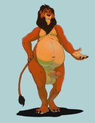 3_toes 4_fingers anthro belly big_belly biped black_mane brown_body brown_fur clawed_fingers clawed_toes colored cyan_background detailed disney feet felid feline fingers fur green_eyes half-closed_eyes hand_on_hip head_tuft hi_res lion long_tail male male_only mammal mane moobs multicolored_body multicolored_fur narrowed_eyes navel ottlyoo overweight overweight_anthro overweight_male pantherine penis scar scar_(the_lion_king) shadow simple_background solo testicles the_lion_king thin_eyebrows toes tuft two_tone_body two_tone_fur yellow_sclera