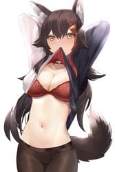 animal_ears black_hair bra breasts choker clothes_lift female hololive hololive_gamers hololive_japan kananote long_hair looking_at_viewer mouth_hold navel ookami_mio panties panties_under_pantyhose pantyhose red_bra shirt_in_mouth shirt_lift simple_background solo tail underwear virtual_youtuber wolf_ears wolf_tail