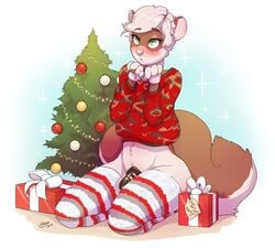 2019 anthro baubles begging begging_pose biped blush bow_ribbon brown_body brown_ears brown_fur brown_tail chains chastity_cage chastity_device christmas christmas_clothing christmas_lights christmas_sweater christmas_topwear christmas_tree clothing dated digital_drawing_(artwork) digital_media_(artwork) domestic_ferret english_text fur genitals gift gift_tag green_eyes grey_clothing grey_legwear grey_thigh_highs hair heart holidays kneeling legwear looking_at_viewer male mammal merlin(lllmaddy) midriff monotone_hair mostly_nude multicolored_body multicolored_ears multicolored_fur mustela mustelid musteline pattern_clothing pattern_legwear pattern_thigh_highs penis plant pose red_clothing red_legwear red_thigh_highs signature solo star striped_clothing striped_legwear striped_thigh_highs stripes submissive submissive_anthro submissive_male sweater text thigh_highs topwear tree true_musteline two_tone_body two_tone_ears two_tone_fur two_tone_tail white_clothing white_hair white_legwear white_thigh_highs yildunstar