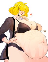 1girls after_vore big_belly big_breasts blonde_hair female female_pred hair_over_eyes hand_imprint hand_on_hip heart huge_breasts lingerie navel negligee oral_vore pearl_necklace red_lipstick same_size_vore smile thick_thighs tweedabop voluptuous vore wide_hips