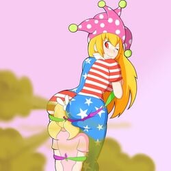 2girls big_ass big_butt blonde_hair blush bondage clownpiece face_in_ass fart fart_cloud fart_fetish farting farting_in_face looking_back multiple_girls oc one_eye_closed original_character protorepulsive red_eyes repulsiveproto smile thick_thighs tied_up touhou yuri