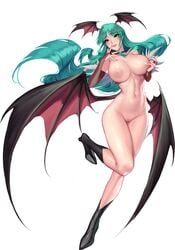 1girls 4_wings arched_back areolae arm_up arms_behind_head bangs bare_breasts bare_legs bare_midriff bare_shoulders bare_thighs belly_button blue_hair breasts choker cianyo darkstalkers demon demon_girl demon_wings female female_focus female_only front_view green_eyes hand_on_breast hand_on_head head_wings inner_sideboob large_breasts long_gloves long_hair looking_at_viewer looking_down morrigan_aensland navel_line nipples no_bra nude nude_female pussy sideboob simple_background skimpy skimpy_clothes sole_female solo solo_female solo_focus succubus tagme toned toned_female vampire vampire_(game) white_background wings