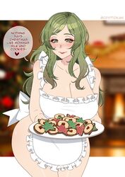 1girls apron bare_thighs breasts christmas cleavage cookie cryptid_crab english_text female female_only fire_emblem fire_emblem:_three_houses food green_eyes green_hair huge_breasts long_hair looking_at_viewer mature_female milf naked_apron nintendo sitri_(fire_emblem) smile solo speech_bubble standing text thick_thighs thighs wide_hips