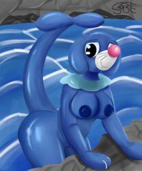 anthro big_breasts big_nipples blue_body breasts cave female fizzy_pop_the_popplio hi_res nintendo nipples nude pokémon_(species) pokémorph pokemon popplio rock sexybigears69 smile solo thick_thighs video_games water