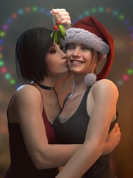 2girls 3d 3d_(artwork) 4k ada_wong ada_wong_(adriana) batesz black_hair blender blender_(software) brown_hair capcom christmas claire_redfield claire_redfield_(jordan_mcewen) clothed cute female female_only fully_clothed grin interracial kissing kissing_cheek light-skinned_female mistletoe resident_evil resident_evil_2 resident_evil_2_remake santa_costume santa_hat smile wholesome yuri