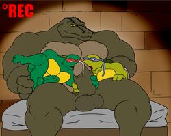 2010 anthro balls bodily_fluids crocodilian donatello_(tmnt) erection fingering genital_fluids genitals group group_sex gs humanoid_genitalia humanoid_penis leatherhead male male/male penis precum raphael_(tmnt) reptile scalie sex size_difference teenage_mutant_ninja_turtles threesome turtle