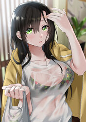 absurdres adjusting_hair bag black_hair blurry blurry_background blush bra bra_visible_through_clothes breasts cleavage collarbone denim depth_of_field eyebrows_visible_through_hair female female floral_print green_eyes hair_between_eyes highres hikaru_(gevp7588) holding holding_bag hood hood_down hooded_jacket hoodie indoors jacket jacket_on_shoulders jeans long_hair looking_at_viewer navel orange_nails original pants parted_lips plant potted_plant see-through shirt shopping_bag short_sleeves solo underwear upper_body wet wet_clothes wet_shirt white_shirt yellow_jacket zipper