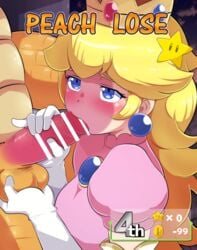 1boy 1girls balls blonde_hair blowjob blue_eyes blush bowser censor_bar censored fellatio female gloves hameneko humanoid_penis long_hair mario_(series) mario_party nintendo oral penis princess_peach testicle_grab text