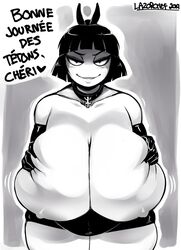 black_hair breasts choker chubby chubby_female cleavage creepy_susie female female_focus french french_text gloves goth handwear hips huge_breasts human lazorchef looking_at_viewer monochrome neckwear nipples pale_skin short_hair skirt solo solo_female speech_bubble the_oblongs watermark white_skin wide_hips