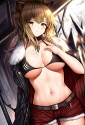 1girls 2020s 2021 animal_ears arknights axe bangs bare_shoulders belt bikini black_bikini black_eyes black_jacket blonde_hair blurry blurry_background blush breasts candy choker collarbone cowboy_shot denim_shorts expressionless female food fur-trimmed_jacket fur-trimmed_shorts fur_trim groin hair_between_eyes highres holding holding_food jacket jacket_on_shoulders large_breasts lion_ears lollipop long_hair messy_hair navel over_shoulder red_shorts short_shorts shorts siege_(arknights) solo solo_female stomach swimsuit tomboy upper_body wsman yellow_eyes