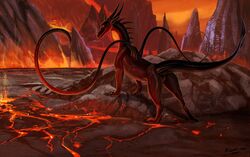 2021 claws conditional_dnp day detailed_background dragon female feral genitals hi_res horn kodardragon lava outside pussy sky solo spines