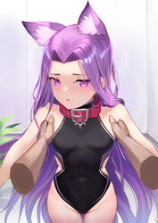 1girls animal_ear_fluff animal_ears armpit_grab bare_shoulders black_leotard blush blushing_at_viewer breasts buckle clothes collar covered_navel cowboy_shot dark-skinned_male disembodied_limb extra_ears fate/grand_order fate_(series) female forehead frown groin hi_res high_resolution highres holding_up indoors kemonomimi kemonomimi_mode leotard long_hair looking_at_viewer medusa_(fate) medusa_(lancer)_(fate) navel open open_mouth pov purple_eyes purple_hair rui_rubellent small_breasts smaller_female soft_skin solo_focus straight_hair sweat very_long_hair