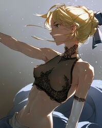 1girls alternative_costume areolae artoria_pendragon bare_shoulders blonde_hair blue_eyes bra braid breasts clothing dinoartforame elbow_gloves erect_nipples erect_nipples_under_clothes fate/stay_night fate_(series) female female_only french_braid gloves gradient gradient_background green_eyes grey_background hair_bun hair_ribbon highres in_profile midriff navel nipples nipples_visible_through_clothing nose open_mouth parted_lips saber see-through see-through_bra short_hair single_elbow_glove small_breasts solo tied_hair white_gloves