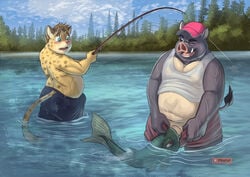 2boys anthro anthro_on_feral clothing felid fellatio feral fish fishing_rod fishjob gin_(chunkyboardad) hat headgear headwear hi_res jaguar male mammal marine oral outside pantherine penile priapup sex suid suina sus_(pig) water wild_boar zoophilia