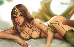 blade brown_hair condom condom_wrapper disembodied_penis green_eyes head_ornament heheneko jewelry laying_down laying_on_bed league_of_legends lingerie puffy_lips sivir tagme tan_skin