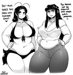 2girls absurd_res annoyed annoyed_expression bbw belly belly_overhang big_belly big_breasts big_female bikini blush braided_hair braided_ponytail breasts chubby chubby_female cleavage dialogue duo duo_focus embarrassed english english_text fat fat_ass fat_female fat_fetish fat_girl fat_woman fatty female_focus large_female lazorchef long_hair looking_at_viewer love_hina monochrome motoko_aoyama mutsumi_otohime obese obese_female overweight overweight_female pig plump ponytail pork_chop text thick_thighs watermark weight_gain