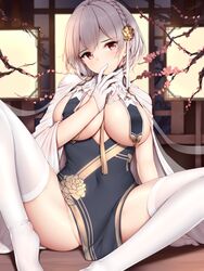 1girls azur_lane bangs blush braid branch breast_curtains breasts cherry_blossoms china_dress chinese_clothes cleavage covered_navel covering_mouth dress female finger_to_mouth floral_print flower gloves grey_dress groin hair_flower hair_ornament half_gloves highres large_breasts looking_at_viewer neckwear_between_breasts pelvic_curtain red_eyes revealing_clothes ribbon sheer_clothes short_dress short_hair side_braid sideboob sirius_(azur_lane) sirius_(azure_horizons)_(azur_lane) sitting solo spread_legs thighhighs thighs white_gloves white_hair white_legwear white_ribbon wsman