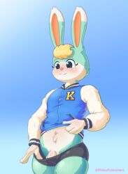 2020s 2021 animal_crossing anthro black_eyes blonde_hair blush bottomwear clothed clothing digital_drawing_(artwork) digital_media_(artwork) fur genitals girly green_body gym_bottomwear gym_clothing gym_shorts hair hi_res lagomorph leporid male mammal nintendo penis pinkupinkish presenting presenting_penis rabbit sasha_(animal_crossing) shorts simple_background smile solo thick_thighs tuft video_games white_body white_fur