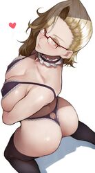 1girls absurdres ass back ballroom_e_youkoso bangs bare_shoulders black_bra black_legwear black_panties blonde_hair blush bra breasts cleavage collarbone covered_erect_nipples female forehead glasses heart highres kneeling lace lace-trimmed_bra lace-trimmed_panties lace_trim large_breasts long_hair looking_at_viewer marisa_hyoudou mole mole_under_mouth panties thighhighs underwear yellow_eyes yoshi55level