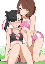 2girls abmayo alternate_costume asymmetrical_bangs bangs bike_shorts black_bike_shorts black_hair black_nails black_sports_bra blue_eyes blush bob_cut breasts bright_pupils brown_eyes brown_hair clothing collarbone commentary_request creatures_(company) eyelashes female game_freak gloria_(pokemon) grass green_eyes gym_clothes hair_ribbon half-closed_eyes hand_on_another's_shoulder hand_on_shoulder hand_up hands_on_another's_shoulders highres human kneeling knmayo marnie_(pokemon) medium_breasts multiple_girls nail_polish nintendo open_mouth painted_fingernails pale_skin pink_bike_shorts pink_sports_bra pokemon pokemon_(game) pokemon_ss red_ribbon ribbon shiny shiny_skin short_hair sitting smile sports_bra sportswear sweatdrop twintails white_pupils yuri