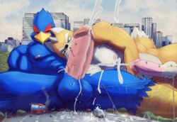 absurd_res anthro avian balls beak biceps big_penis bird blue_body blue_feathers bodily_fluids butt_crush canid canine car city closed_eyes cum cum_on_ground destruction duo erection falco_lombardi feathers fellatio fox fox_mccloud genital_fluids genitals hi_res huge_filesize humanoid_genitalia humanoid_penis interspecies kovaltiel macro male male/male male_only mammal muscular nintendo oral orgasm pecs penile penis sex sitting star_fox vehicle video_games worship