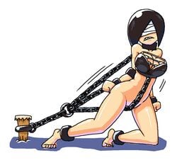 1girls 2017 anklet armlet bare_shoulders black_clothing black_hair blindfold blindfolded bondage bottomless breasts chain_chomp chain_chomp_girl chains cleavage clothing collar crotch_rub feet female female_only full_body highres kneeling large_breasts mario_(series) minus8 nintendo restrained scratches shadow sharp_teeth short_hair simple_background solo stake struggling teeth thick_thighs thighs toes tubetop white_background wide_hips wristband