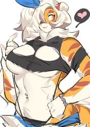 1girls amber_eyes anthro aspirindabaitu buxbi_(character) countershading female female_only fur furry furry_only hair_over_one_eye heart looking_away mx99926 orange_fur pantherine solo solo_female solo_focus speech_bubble striped_fur tail tiger tiger_ears tiger_tail torn_clothes upper_body very_high_resolution white_background white_hair