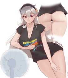 1girls ass ass_focus back_view bare_legs bare_thighs big_ass black_panties breasts cleavage corrin_(fire_emblem) corrin_(fire_emblem)_(female) daymandraws fan female_only fire_emblem fire_emblem_fates grey_hair large_breasts long_hair nintendo panties pointy_ears red_eyes shirt solo sweat sweating thighs very_long_hair