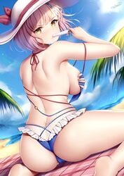 1girls ass ass_cleavage azur_lane back bare_arms bare_shoulders barefoot bikini blue_bikini breasts butt_crack cameltoe cleft_of_venus cloud covering covering_breasts day female food frilled_bikini frills from_behind halter_top halterneck hat highres holding large_breasts light-skinned_female light_skin looking_back mouth_hold outdoors palm_leaf pink_hair popsicle short_hair sitting solo sun_hat sunlight swimsuit tartu_(azur_lane) tartu_(overthinking_summer)_(azur_lane) thighs v-shaped_eyebrows vichya_dominion_(azur_lane) wariza white_headwear wsman yellow_eyes