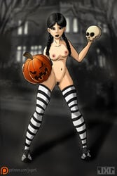 1girls 2018 busty female female_focus female_only goth goth_girl gothic gothic_lolita hourglass_figure human human_only jxg light-skinned_female light_skin nude pumpkin_head skull striped_legwear tagme the_addams_family twin_braids wednesday_addams wide_hips