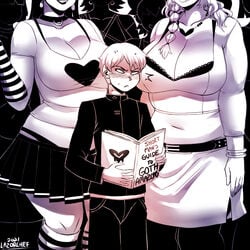 1boy 2girls 2girls1boy big_breasts blush book breasts choker chubby chubby_female cleavage female goth large_breasts larger_female lazorchef male midriff monochrome reading shorter_male skirt smaller_male sweatdrop taller_girl watermark