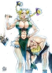 1boy 1girls abs breasts colorized dick_sucking_lips dr.stone female hanada_nikki hi_res large_breasts leg_around_neck long_hair looking_at_viewer magma_(dr.stone) muscular_arms muscular_female muscular_thighs nikki_(dr.stone) standing_on_one_leg taller_female thegoldensmurf thick_lips thick_thighs thigh_choking thin_waist twintails white_background wide_hips