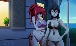 2girls beach bikini black_bikini black_hair blue_eyes chuunibyou_demo_koi_ga_shitai! crossover dark_hair high_school_dxd huge_ass huge_breasts large_breasts multiple_girls nipples_visible_through_clothing oldhorrorz pink_bikini red_eyes red_hair rias_gremory takanashi_touka