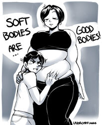 1boy 1boy1girl 1girls belly belly_worship big_breasts breasts chubby chubby_female closed_eyes dialogue earrings female grabbing_belly hips larger_female lazorchef male milf monochrome short_hair smaller_male speech_bubble thighs watermark