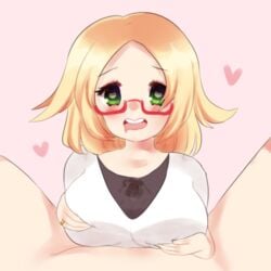 <3 bianca_(pokemon) blush bulge bulge_through_clothing cum_under_clothes glasses happy happy_sex human looking_at_viewer outercourse paizuri paizuri_under_clothes penis_in_clothes penis_under_clothes pokemon pov sleepy_(artist) smile