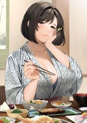 1girls bangs black_eyes black_hair blush bowl breasts chopsticks cleavage closed_mouth eating female fish food hand_on_own_cheek hand_on_own_face holding_chopsticks huge_breasts japanese_clothes kimono large_breasts lips married_woman mature_female milf nori_(seaweed) original original_character plate sakuranotomoruhie short_hair sitting solo sparkle table tempura vegetable wholesome wife yukata