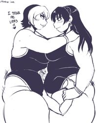 1boy 2girls 2girls1boy big_breasts breasts chubby chubby_female dialogue dizzy_eyes earrings female femdom goth larger_female lazorchef male monochrome shorter_male side_view smaller_male swimsuit swimwear taller_girl thick_thighs thighs watermark