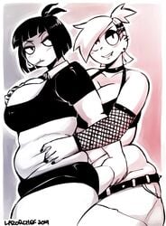 2girls belly big_breasts blouse bob_cut breast_grab breasts cartoon_network choker chubby chubby_female cleavage creepy_susie detached_sleeves ear_piercing earrings eyelashes eyeliner eyeshadow female female_focus female_only fishnet_armwear fishnets foster's_home_for_imaginary_friends frankie_foster goth goth_girl grabbing_belly grabbing_from_behind hug huge_breasts lazorchef makeup medium_hair monochrome nail_polish piercing piercings shirt short_hair short_shorts shorts smoking the_oblongs thick_thighs thighs watermark yuri