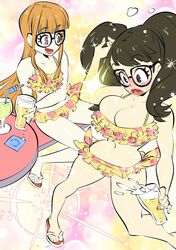 alcohol atlus becky_(persona) big_breasts blush brown_eyes brown_hair cleavage cleavage_overflow coaster cute embarrassed flip_flops glasses hips huge_breasts lipstick maroon_eyes midriff mouth_open orange_hair pale_skin persona persona_5 rafchu sadayo_kawakami sakura_futaba sandals sega shiny shiny_background shiny_breasts shiny_hair shiny_skin shocked silly_straw spilling spilling_drink surprised swimsuit tan_skin thick_thighs tummy