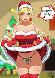 1girls ayanchan25 belt big_breasts blonde_hair blue_eyes breasts christmas christmas_ornament christmas_outfit christmas_tree cleavage dialogue english_text female female_only gloves hat heart-shaped_pupils hips huge_breasts large_breasts leni_loud mistletoe_panties one_eye_closed open_mouth panties red_stockings red_thighhighs santa_costume santa_hat smile solo solo_female solo_focus stockings strapless strapless_dress teconmiel text the_loud_house thick thick_thighs thigh_highs thighhighs thighs underwear wide_hips wink