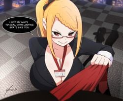 1boy 1girls blonde_hair breasts cleavage english_text female french_braid gear_art huge_breasts looking_at_viewer male office_lady pov priscilla_barielle pulling re:zero_kara_hajimeru_isekai_seikatsu red_eyes side_ponytail sidelocks smug