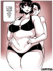 1boy 1boy1girl 1girls beauty_mark belly_worship big_breasts breasts chubby chubby_female cleavage dialogue earrings female grabbing_belly grabbing_from_behind hips lazorchef lingerie male milf monochrome short_hair speech_bubble thick_thighs thighs watermark wide_hips