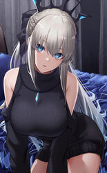 1girls bangs bed bed_sheet black_bow black_sweater blue_bed_sheet bow braid breasts clothing_cutout crown eyebrows_visible_through_hair fate/grand_order fate_(series) female french grey_hair hairbow hi_res high_resolution highres indoors ironatsuki large_breasts light-skinned_female light_skin long_hair long_sleeves looking_at_viewer morgan_le_fay_(fate) necklace open_mouth ponytail ribbon shoulder_cutout solo sweater