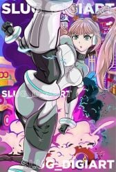 aqua_eyes armor explosion fighting kicking leg_up long_hair metal_slug metal_slug_attack nova_(metal_slug) pink_hair robot robot_girl slug_teasing snk tagme thick_thighs twintails