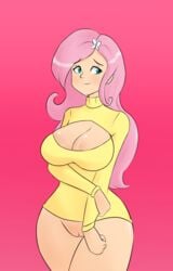 big_breasts bottomless cleavage fluttershy_(mlp) friendship_is_magic hidden-cat humanized my_little_pony my_little_pony_friendship_is_magic pink_hair pussy straight_hair sweater turtleneck_sweater vulva